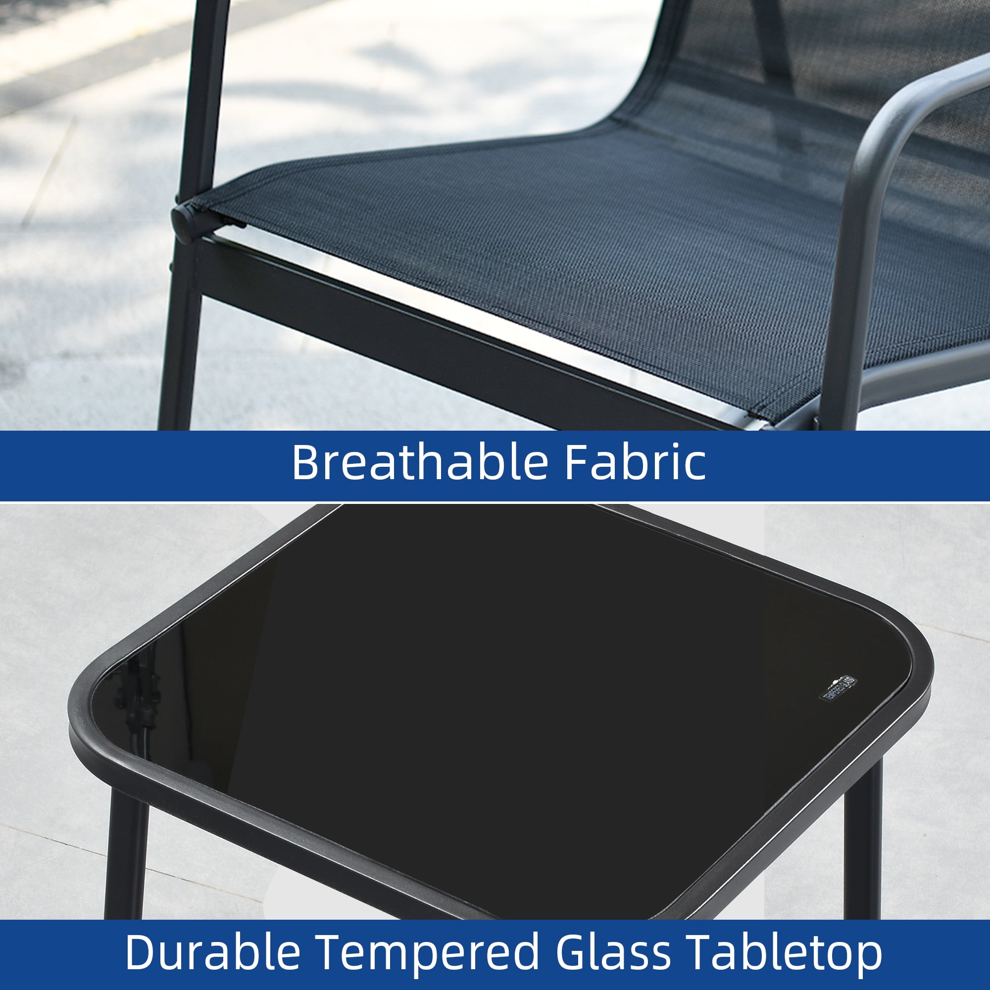 Uforic 3 Pieces Outdoor Patio Conversation Set, Textilene Patio Bistro Set with Coffee Table, Modern Rocking Bistro Chair - Black