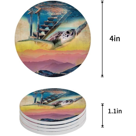 FMSHPON Ocean Sea Turtle Set of 6 Round Coaster for Drinks, Absorbent Ceramic Stone Coasters Cup Mat with Cork Base for Home Kitchen Room Coffee Table Bar Decor