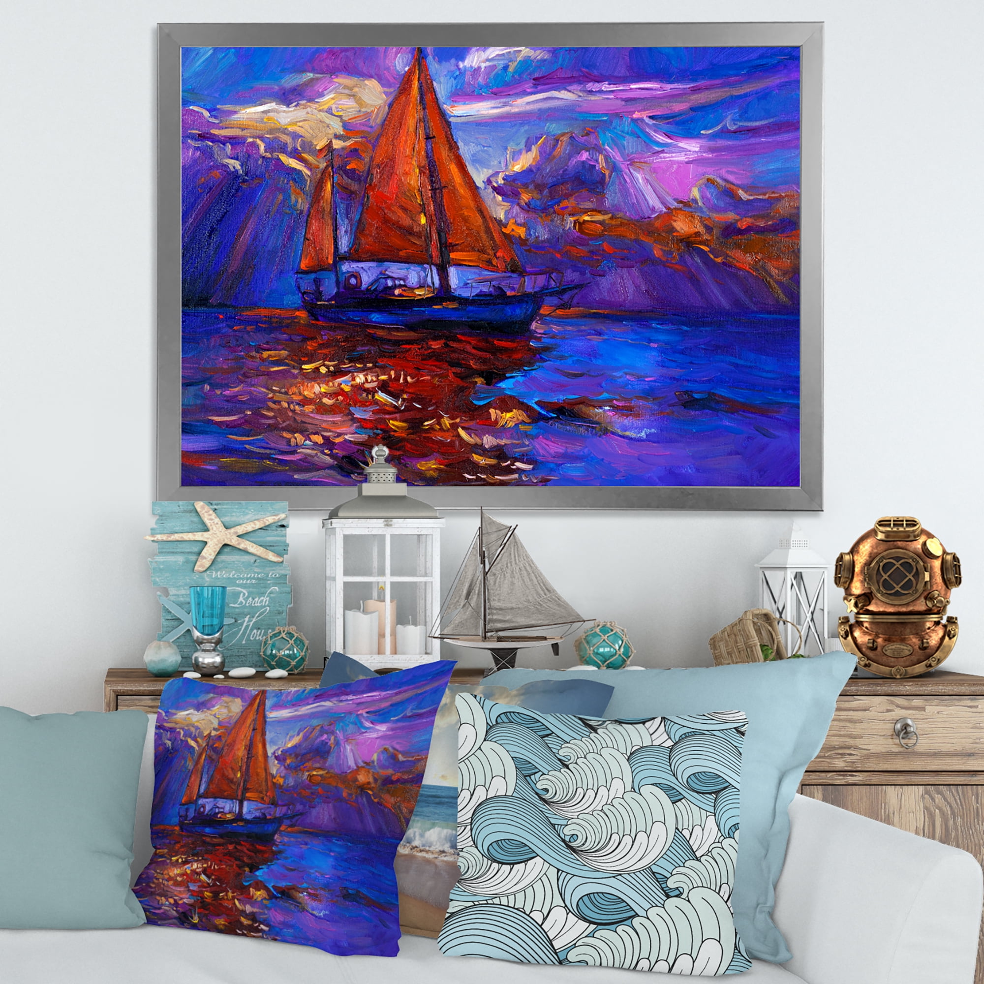 Designart 'Red Sail Ship On Purple Sunset in Blue Ocean' Nautical & Coastal Framed Art Print