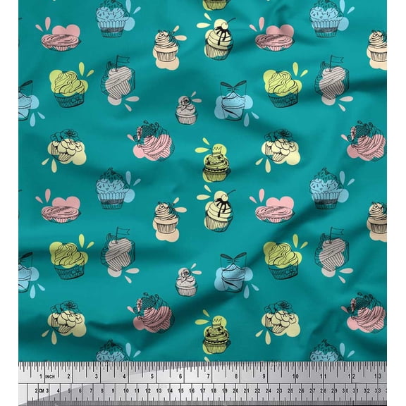 Soimoi Green polyester Crepe Fabric Cupcakes Food Print Sewing Fabric Yard 42 Inch Wide