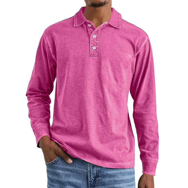 Zimjoy Pink Henley Shirts for Men Cotton Vintage Long Sleeve - Technical View