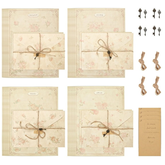 LELE LIFE Vintage Floral Stationary Paper and Envelopes Set, 4 Designs Aged Antique Lined Stationery Sets for Letter Writing Kit, Double Sided Old Paper for Greeting Cards