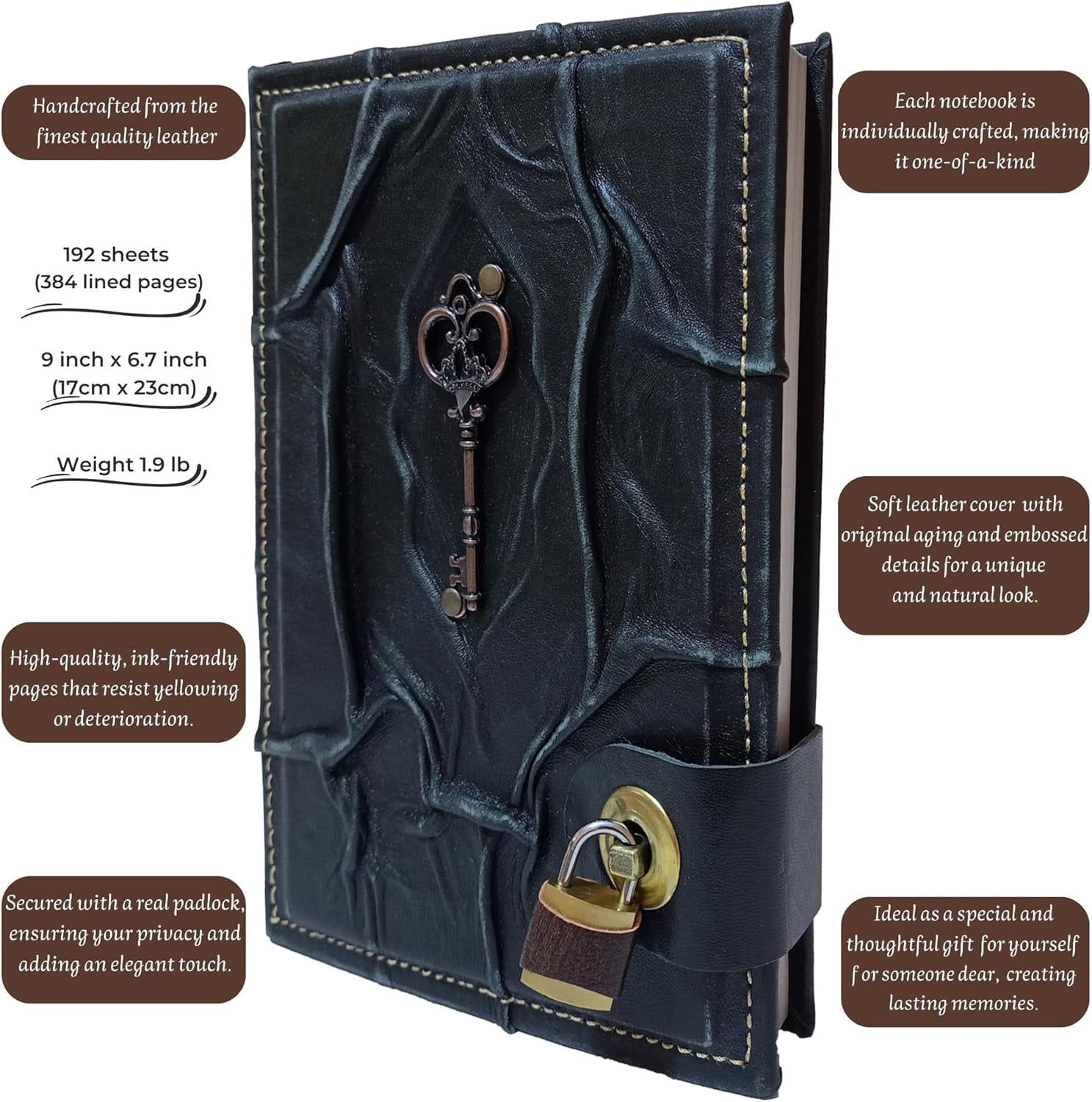 Antique  Handmade Leather Journal with Lock  Genuine Leather Diary Acid- Chamois Paper 384 Pages, 9 x 6.7 inches Antique Padlock Journal for Writing Diary With Lock