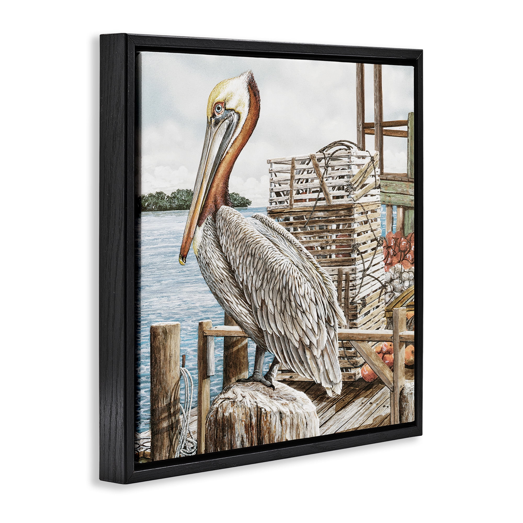 Stupell Industries Pelican Perched on Fishing Dock Animals & Insects Painting Black Floater Framed Canvas Art Print Wall Art, 25 x 25