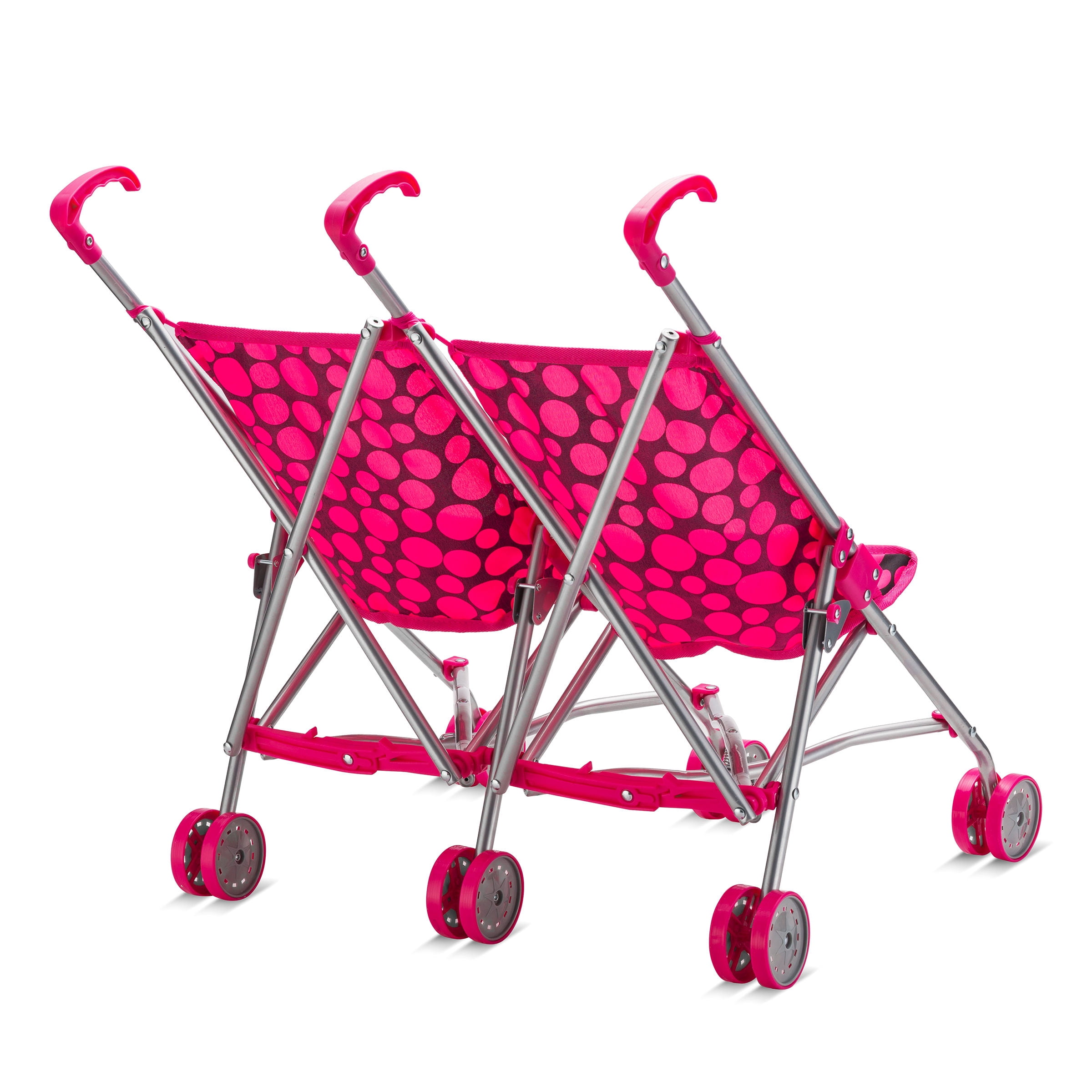 HUSHLILY - Double Doll Stroller for Twin Baby Dolls - Toy Stroller for Toddlers 3 Years and up, Pink & Black Polka Dots Design for Kids
