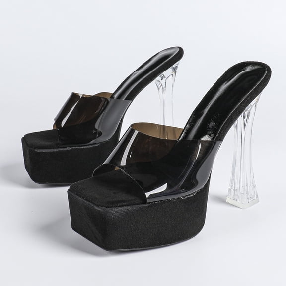 15cm Sexy Black Crystal Chunky Heel Square Toe Clear Ankle Strap High Heel Slippers for 2026 New Year Party Valentine's Day Fairy Dress Shoes