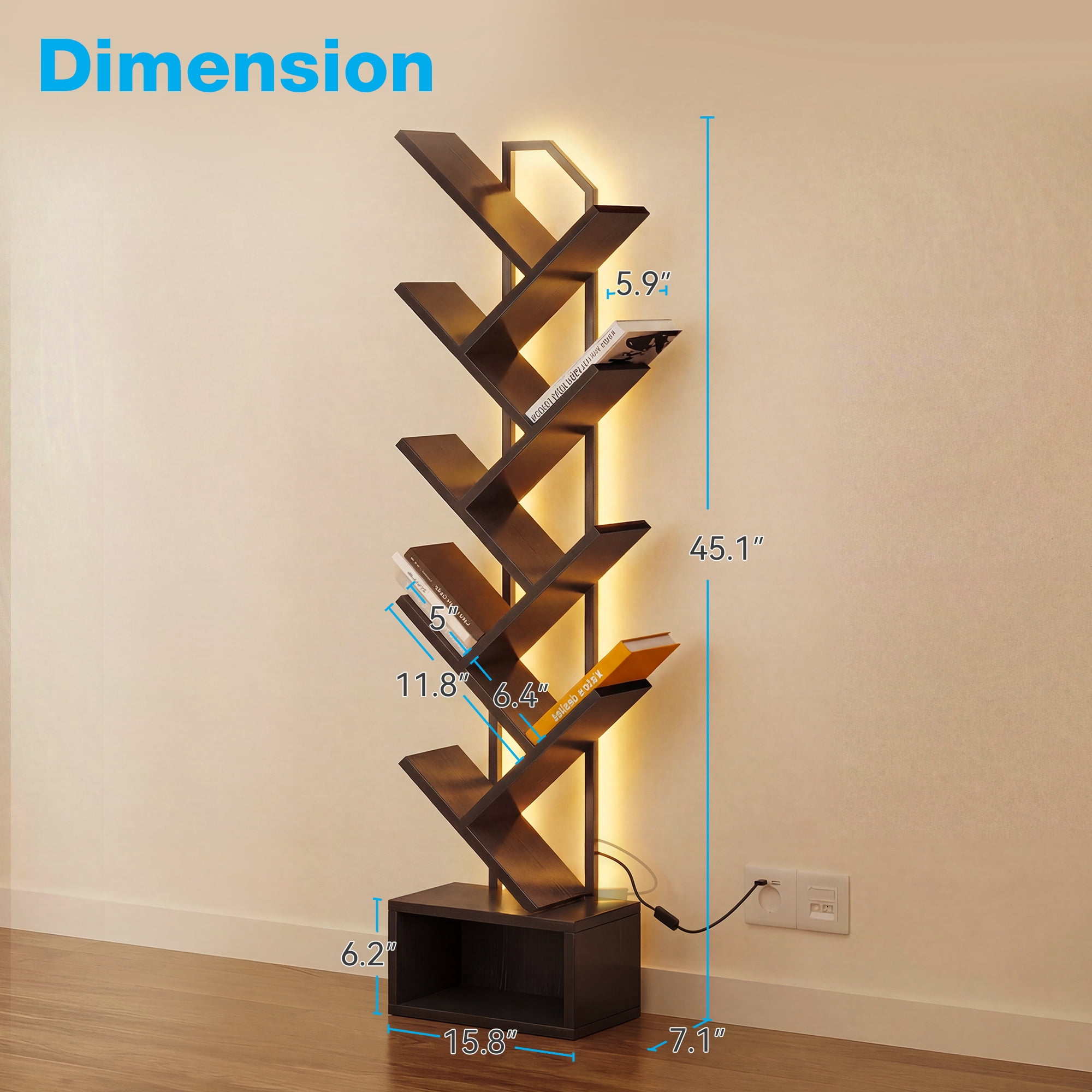 Casacomoda 8 Tier Tree Bookshelf, Bookcase with LED Lights, Display Floor Standing Storage Shelf, Book Organizer Shelves for Home Office, Living Room, Black