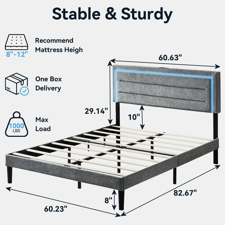 Sailvan Upholstered Queen Bed Frame with LED Lights and USB Charging Station,Grey Bed Frame Queen Size with Headboard,No Box Spring Needed,Modern Sturdy Bed,Noise Free