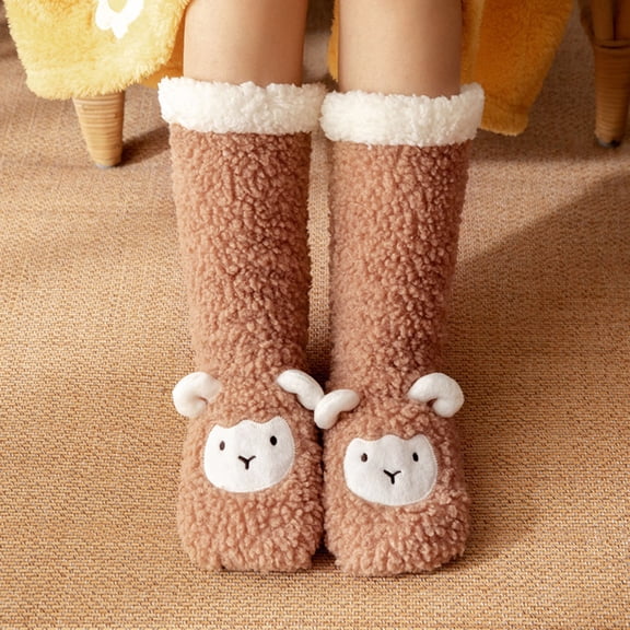 Gymayou Women Cute 3D Sheep Fleece Crew Carpet Socks Winter Thick Bedroom Sleep Socks Cozy Plush Warm Socks Coffee One Size