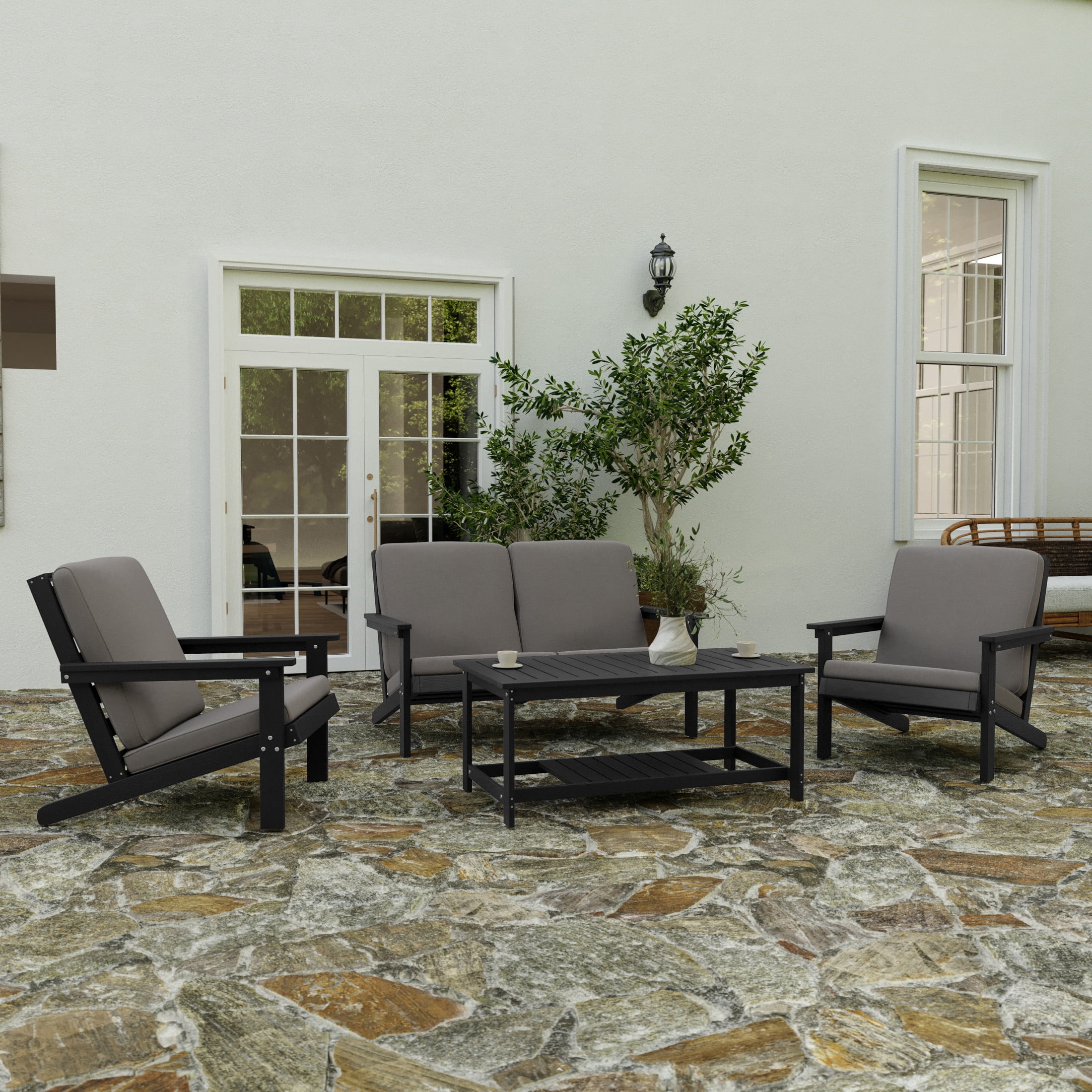 Merrick Lane All-Weather Poly Resin Wood Two Tiered Adirondack Slatted Coffee Conversation Table in Black