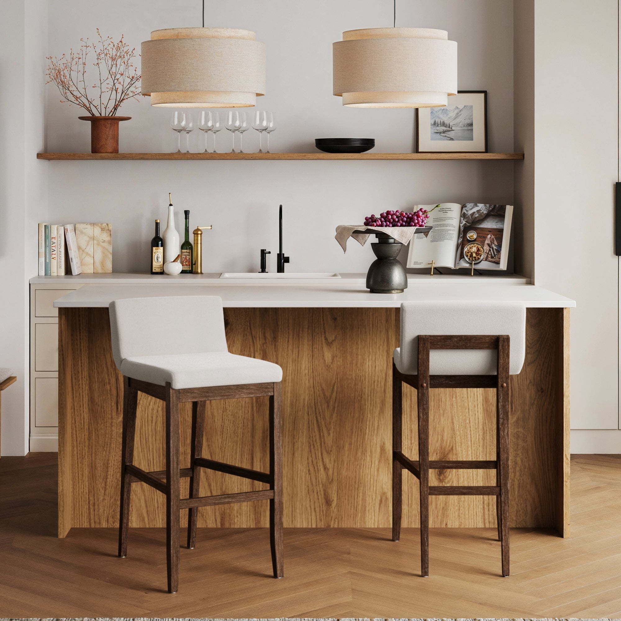 Nathan James Gracie Scandinavian Bar Stool with Back, Wooden Bar Stool for Kitchen Island with Boucle Upholstery, Cream Boucle/Dark Brown, Set of 2