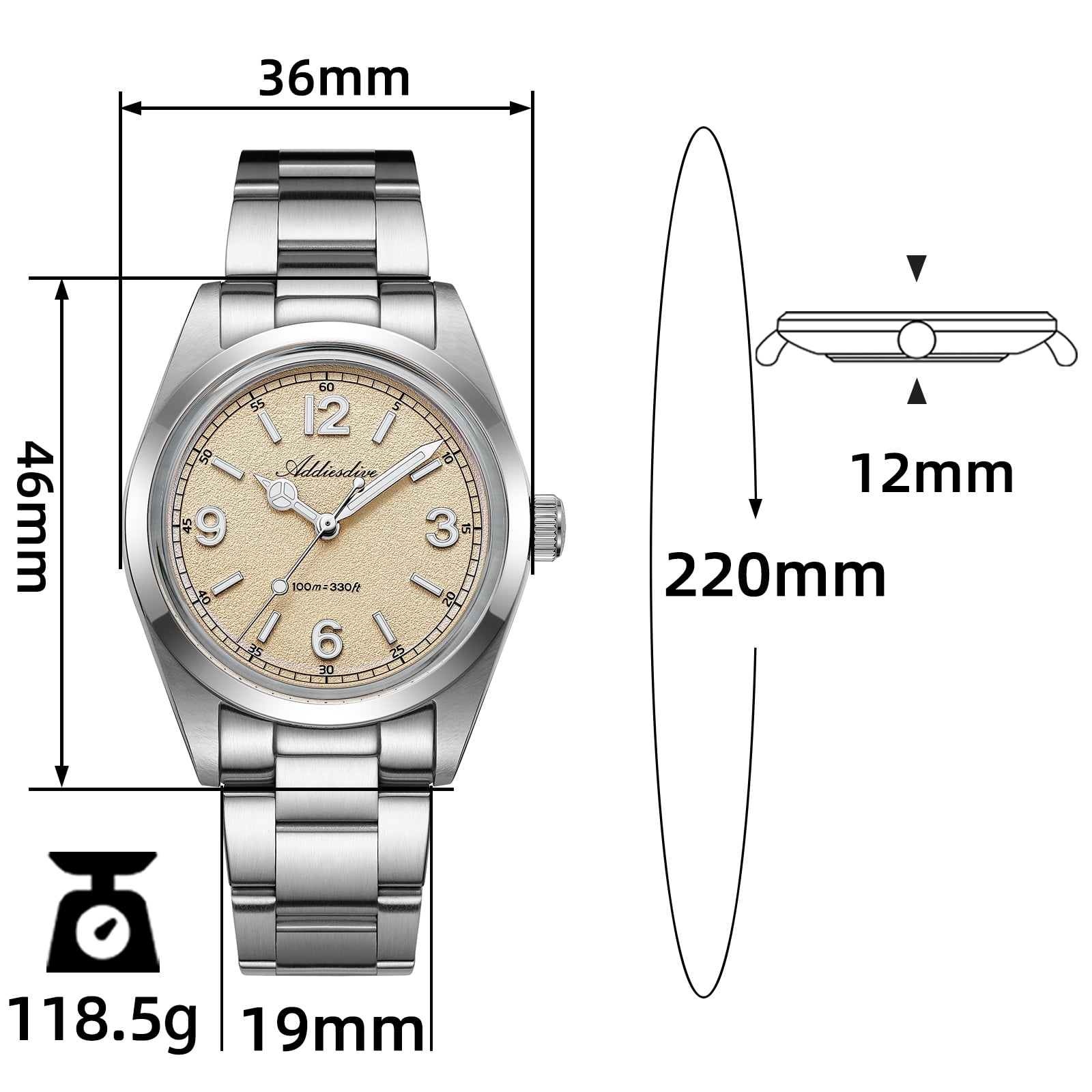 ADDIESDIVE Men's Dive Watch 100m, Japanese Quartz Movement Watch, 316L Stainless Steel Analog Watch with Luminous Yellow Dial