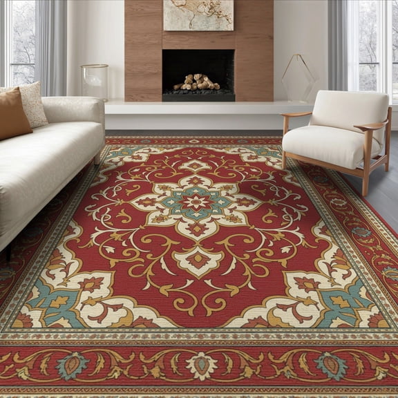 ODIKA 8'x10' Washable Area Rug Non-Slip Chair-Friendly Mat Medallion With Floral Scroll And Border Boho Vintage Inspired Playful Expressive for Dining Room, Large Office, Lounge