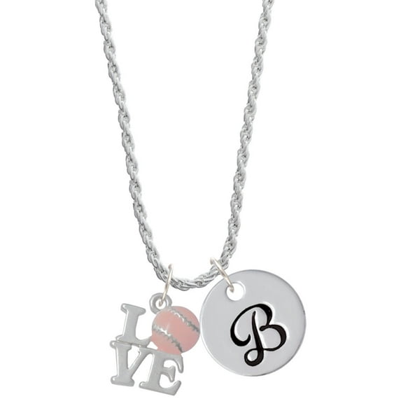 Delight Jewelry Love with Pink Softball Silvertone Script Initial Disc - B - Charm Necklace, 20"+3"
