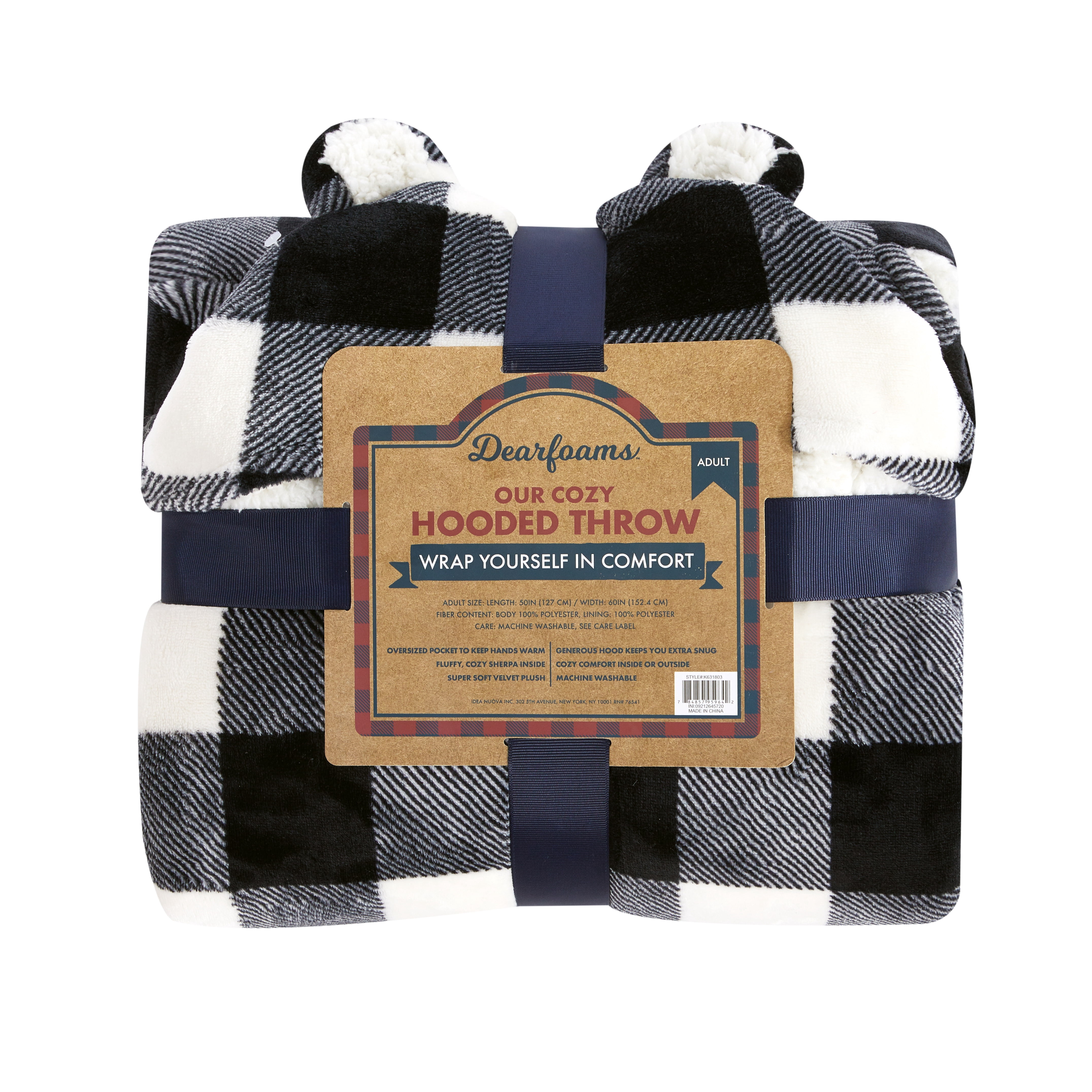 Dearfoams Farmhouse Plaid Buffalo Check Printed Royal Plush with Sherpa reverse Adult Hooded Throw, 50"x60"