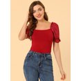 thumbnail image 2 of Unique Bargains Blouse Élégante à Manches Bouffantes pour Femmes, Col Carré, Rouge L, 2 of 6