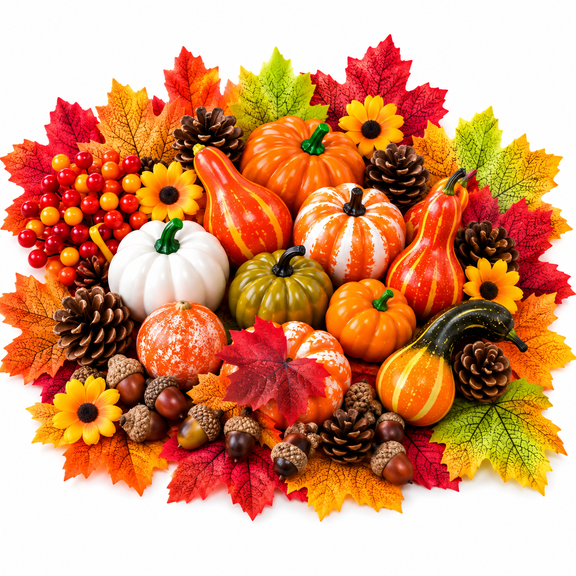 YuHangHu 127-Piece Fall Harvest Decor Set, Artificial Pumpkins Maple Leaves, Pinecones, Acorns, Berries and Flowers for Thanksgiving Halloween Table Mantel
