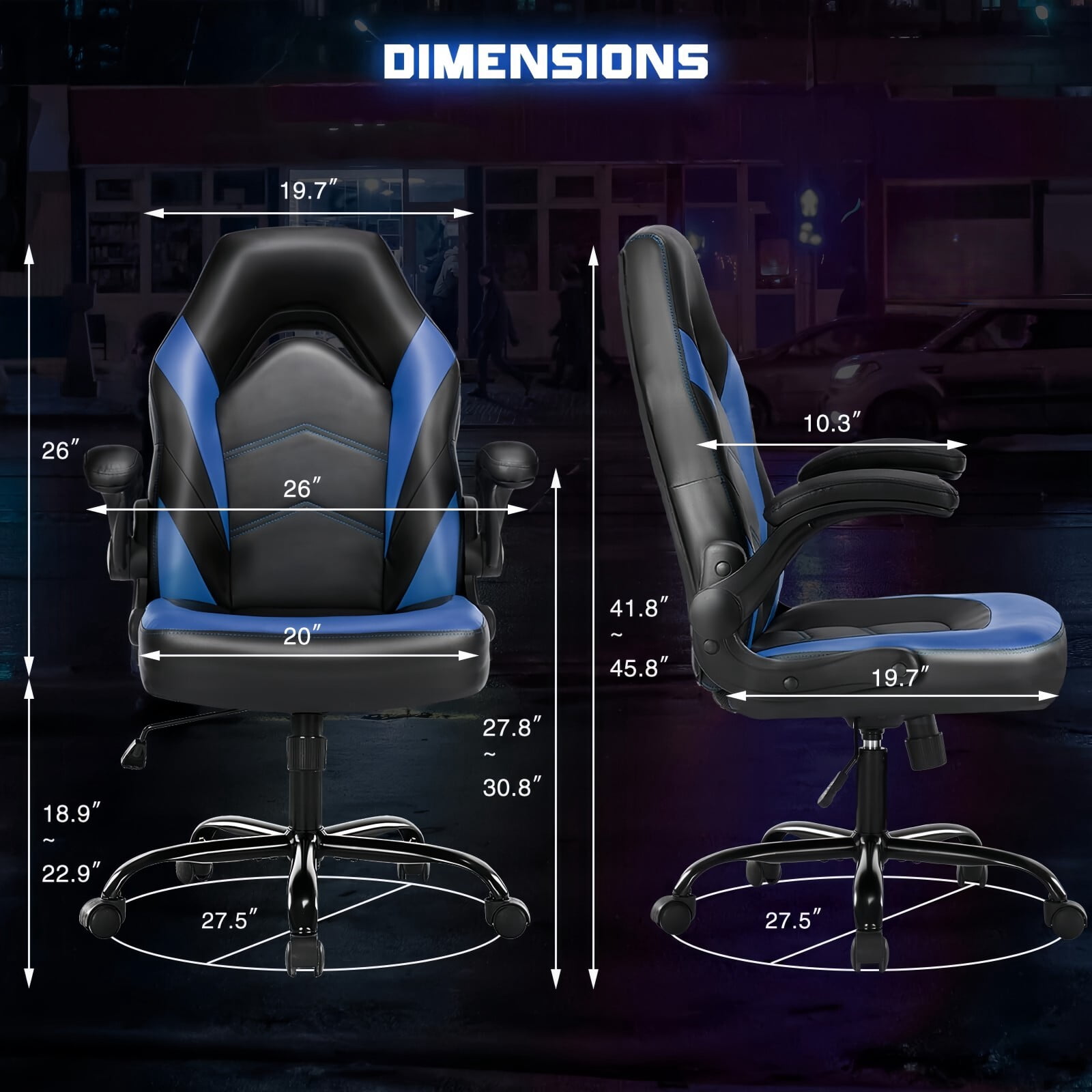 Kelno Ergonomic Gaming Chair PU Leather Computer Desk Chair with Lumbar Support Adjustable Height Flip-Up Armrests Swivel Wheels, Blue