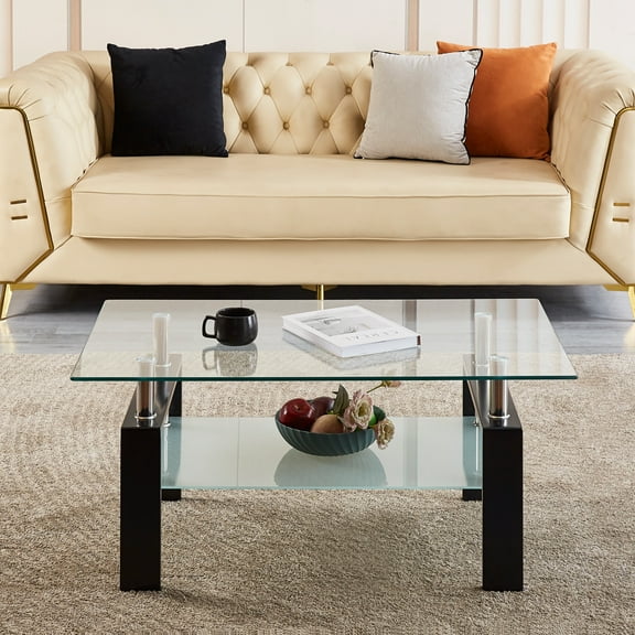 Nmkwnr Tempered Glass Coffee Table, 2 Layers Coffee Table for Living Room, Office