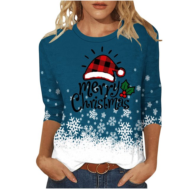 Funicet Blouses pour Femmes Mode, Blouses pour Femmes, T-Shirt Imprimé de Noël Manches 3/4 Col Rond Décontracté, Blouses pour Femmes Mode, T-Shirts pour Femmes