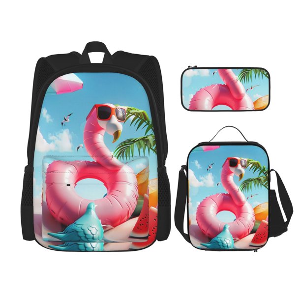 Disketp Tropical Flamingo Pool Float Mochila Estampada de Gran Capacidad con Lonchera y Estuche, Set de 3 Piezas para Estudiantes