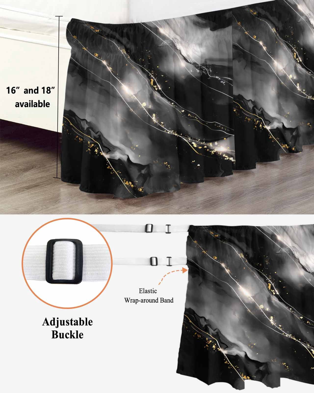 Blake Gray Marble Wrap Around Bed Skirts for Queen Bed 16" Drop,Bed Skirt with Adjustable Elastic Belt Dust Ruffle Bed Valance for Bedroom Hotel Modern Abstract Art Marble Crack Bed Frame Cover