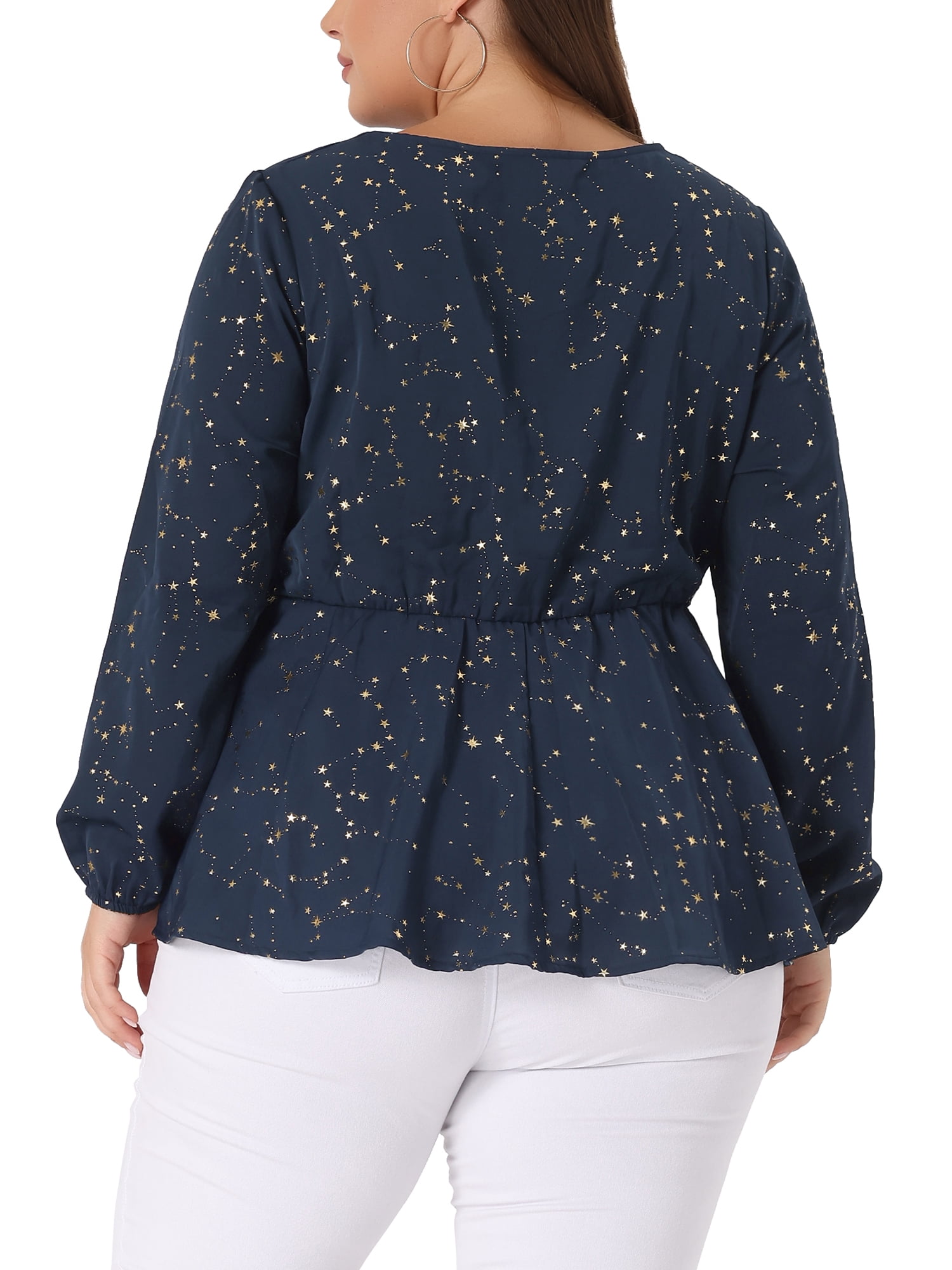 DARING DIVA Women's Plus V Neck Peplum Top Ruffled Elastic Waist Blouse 1X Navy Blue