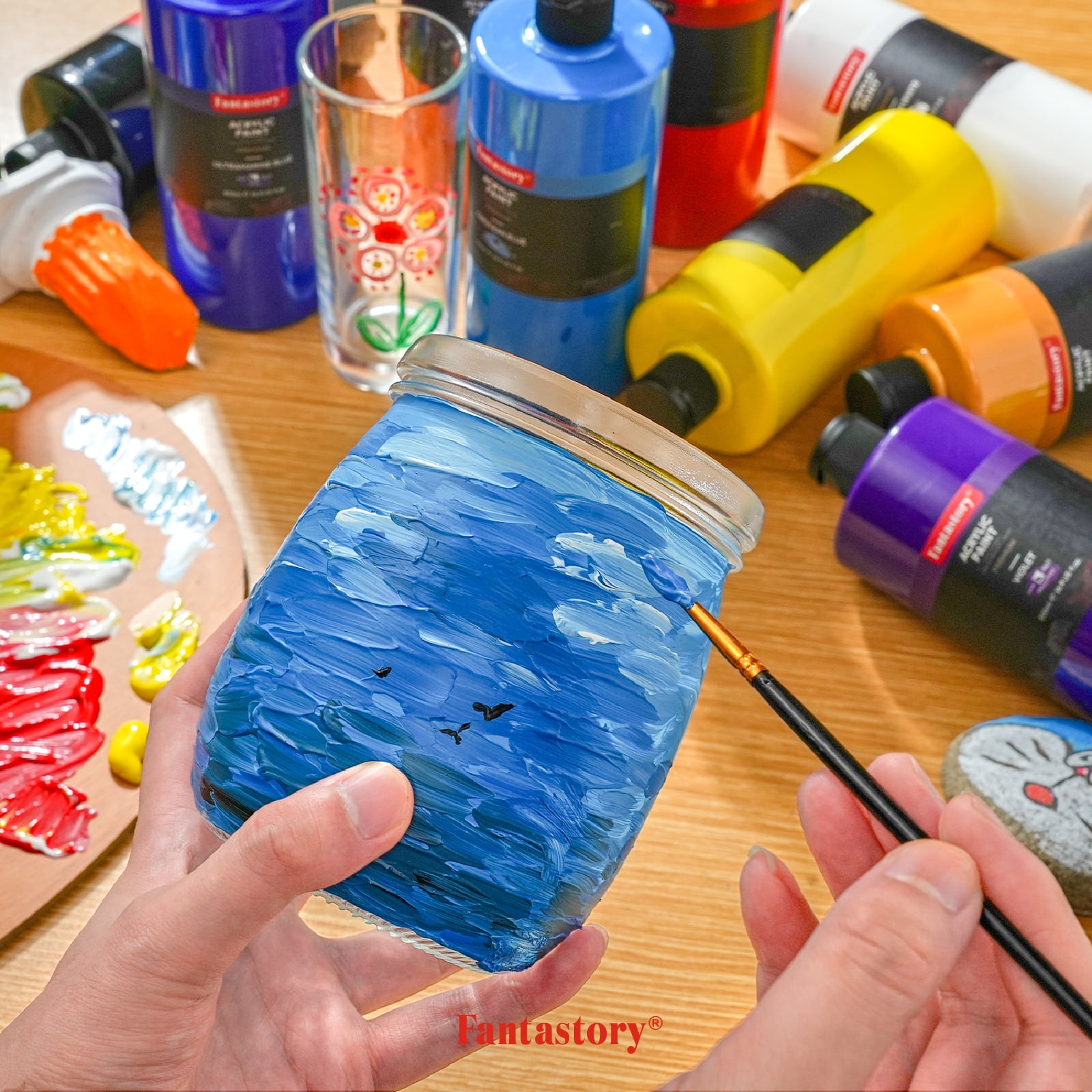 Fantastory 15 Colors Large Acrylic Paint Set (16.9 oz,500 ml) , Art Painting Supplies with Color Wheel