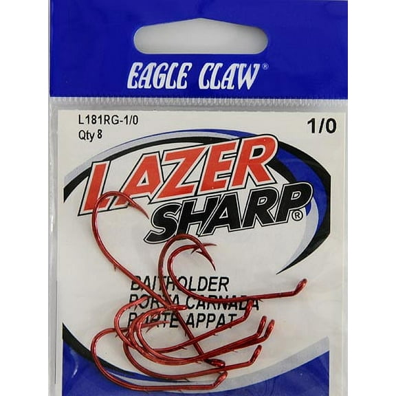 Lazer Sharp L181RGH-1/0 Baitholder Down Eye Offset Hook, Red, Size 1/0, 8 Pack