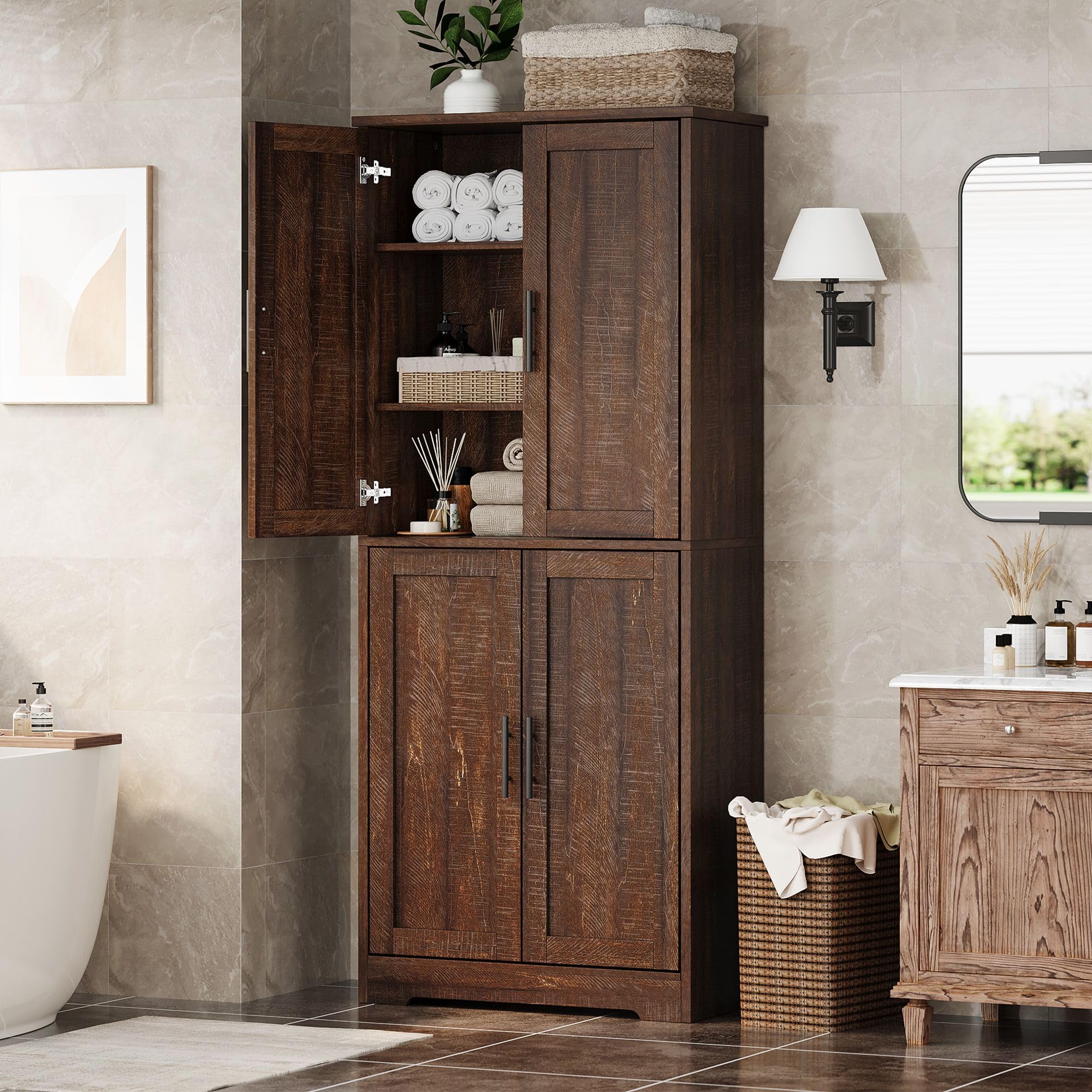 BouPower Pantry Cabinet,70" Tall Kitchen Pantry Cabinet with 2 Doors and 3 Adjustable Shelves, Freestanding Cupboard, Modern Tall Storage Cabinet for Bathroom, Dining Room, Living Room