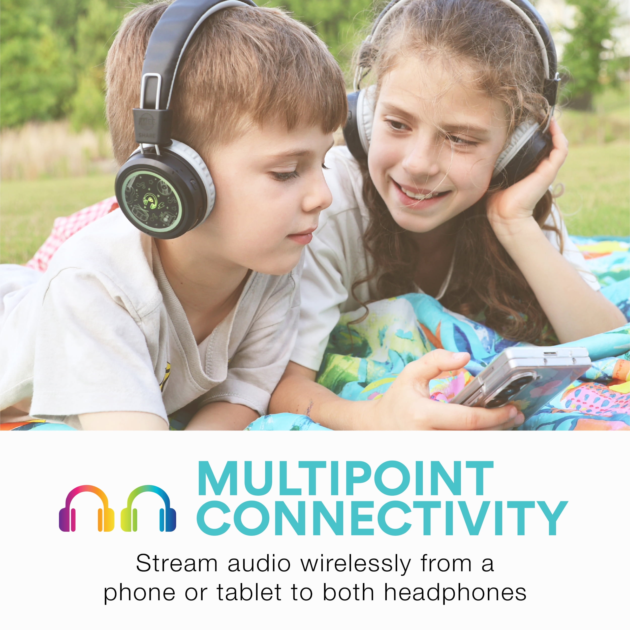 MEE audio 2-Pack of KidJamz Bluetooth Wireless Headphones for Kids w/ Multipoint, LED Lights, 40h battery; Mic; Children's Headset for School/Classroom/Online Learning (KJ55BT-S, 2 PACK)
