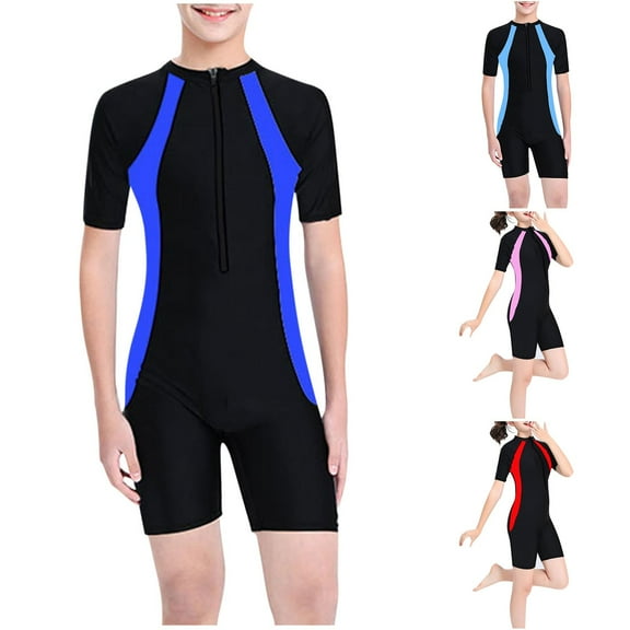 Jinhomg Boys Girls Athletic Swimsuits Quick Dry One-Piece Zip Front Bathing Suits Modest Rash Guard Short Swimwear Sales Today 12 Years Blue