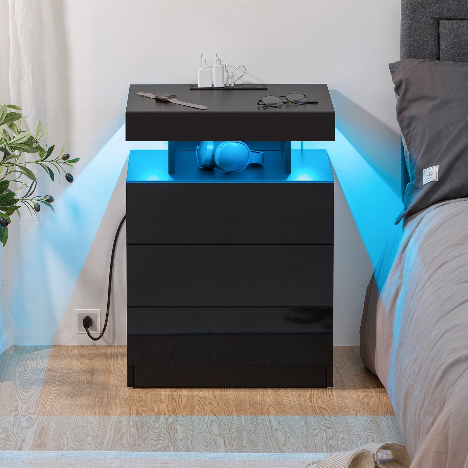 Hommpa LED Nightstand Wireless Charging Station USB Type C Outlets Bedside Table 3 Drawers Black Night Table Modern Smart Nightstand High Gloss End Side Table for Bedroom Furniture 26.8" Tall