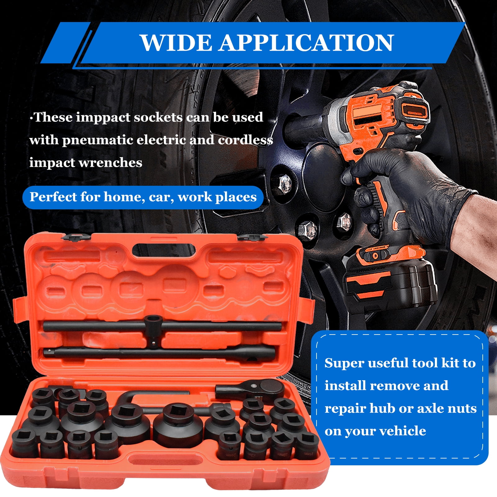 iMeshbean 26pcs 3/4" Deep Impact Socket Set 6-Point Metric 21-65mm CR-MO Steel Heavy Duty Sockets Ratchet Handle Sliding T-head Breaker Bar and Extension Bars Tool Set for Vehicle Repair Maintenance