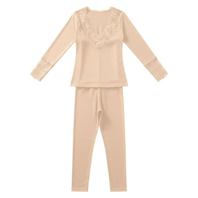 Breezora Womens Thermal Underwear Set Lace Trimmed Heated Body Shaping Two Piece for Cold Weather Beige