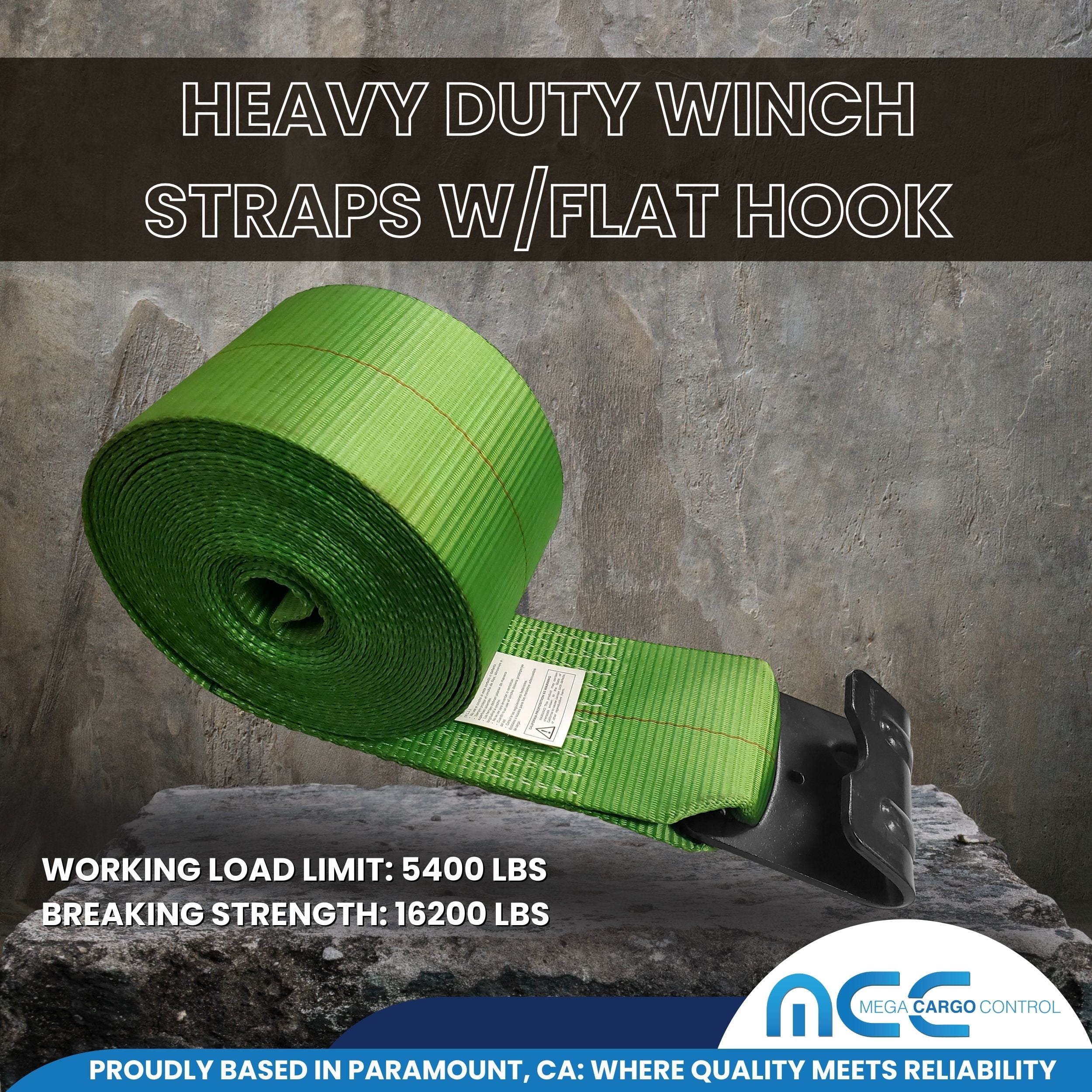 Mega Cargo Control Winch Tie Down Strap Heavy Duty Black Flat Hook 2-pack 4" x 40' Green