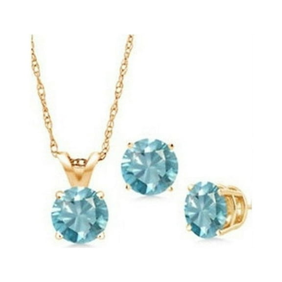 Bonjour Jewelers 18K Yellow Gold 2ct Aquamarine Round 18 Inch Necklace and Earrings Set Plated