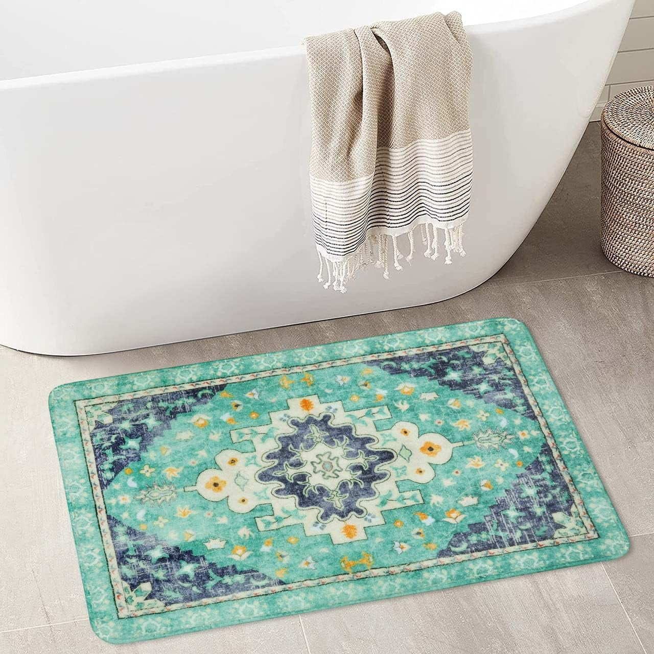 Boho Vintage Bathroom Rug Green Non-Slip Soft Bath Rug Machine Washable Oriental Persian Bathroom Mat Traditional Farmhouse Floral Floor Mats for Bathtub Shower Entryway, 17x31 inch