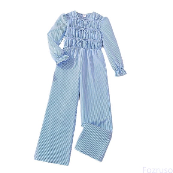 Fozruso Girls Long Sleeve Romper Jumpsuit With Striped Design Wide Leg Pants For Autumn Fashion Comfortable Playwear Outfit Jumpsuit for Girls Sizes 7-8 Years