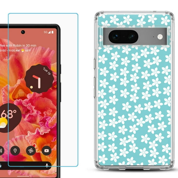 Slim-Fit Gel TPU Phone Case for Google Pixel 7, with Tempered Glass Screen Protector, by OneToughShield ยฎ - Flower/Teal