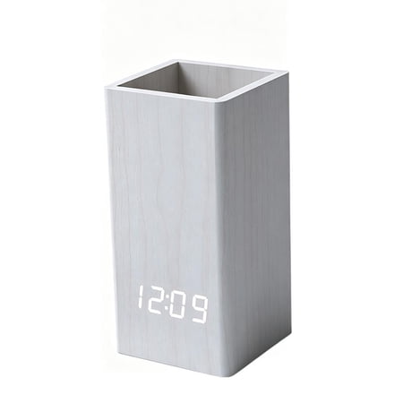 Wooden Desk Organizer with Digital Clock - Silent LED Display Stationary Pencil Caddy Minimalist Seamless Wood Storage Cup for Cozy Desk Setup Accessories Gifts for Mom Dad Home Office