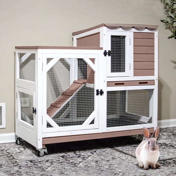 Aivituvin 2-Story Rabbit Hutch with Wheels, Indoor Outdoor Wooden Rabbit Cage with Ramp & Leak-Proof Trays for Rabbits & Guinea Pigs, Brown