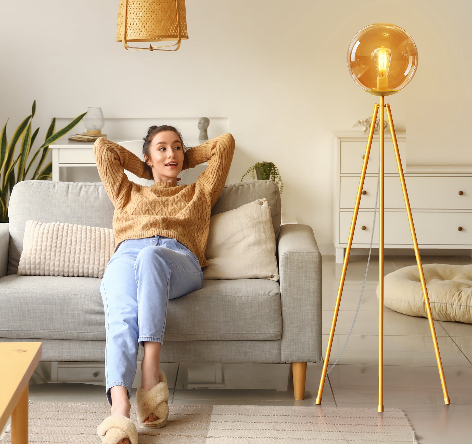 Tripod Floor Lamp for Living Room with Footswitch, Standing Lamp Tall Industrial Floor Lamp Reading for Bedroom, Office (6W LED Bulb and Tea-color Lampshade Included) -Gold