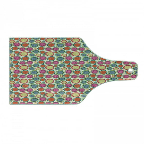 Colorful Cutting Board, Doodle Style Lively Colored Round Shapes with and Floral Motifs, Decorative Tempered Glass Cutting and Serving Board, Wine Bottle Shape, Multicolor, by Ambesonne