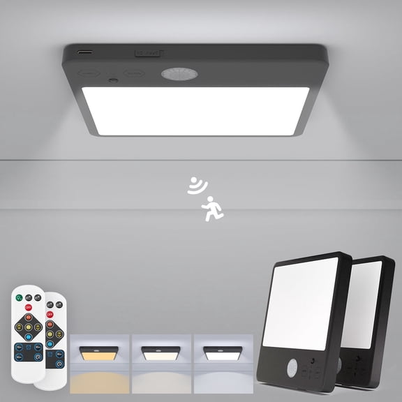 Pack of 2 Rechargeable Motion Sensor Lights, Battery-Operated Wireless Closet Lights with Remote, Indoor Ceiling Light Fixture for Hallway, Low Profile, Square, Black