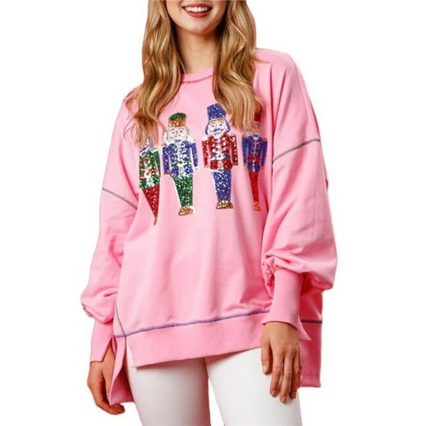 Sudadera con Lentejuelas de Cascanueces para Mujer, Sudadera Holgada Navideña de Larga con Cuello Redondo Rosa L