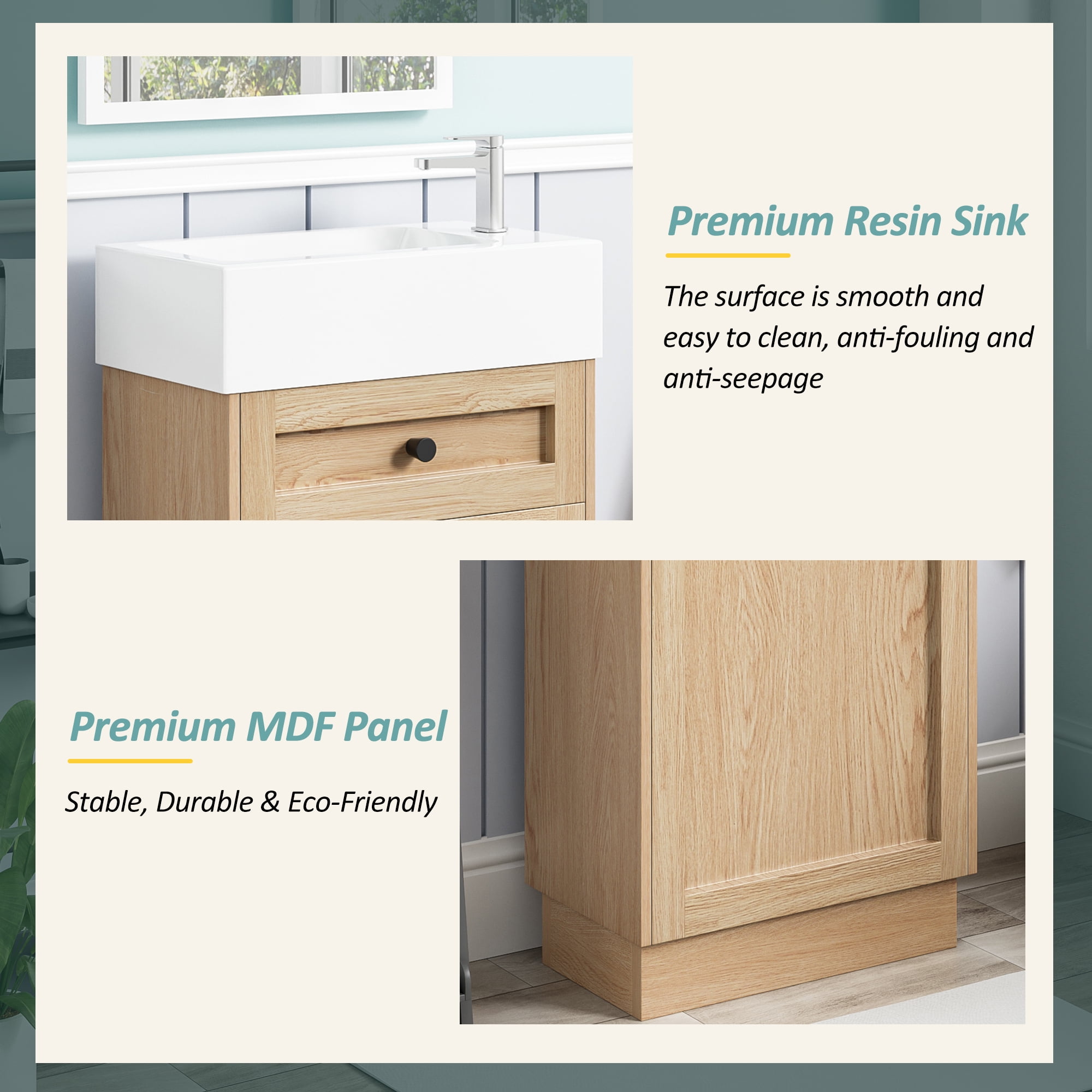 Rustic Bathroom Vanity with Reversible Resin Sink, Adjustable Shelf and Zinc Handles, 18.5" Wood Grain Melamine
