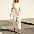 thumbnail image 5 of Women's Short Sleeve Casual Jumpsuit with Elastic Waist Pockets Summer Lightweight Solid Color Crew Neck Straight Leg One Piece Romper, 5 of 7