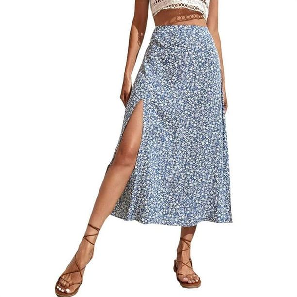 Qarigey Casual Long Split Swing Mujer Bohemian Estética Linda Playa Vacaciones Moda Verano Ropa Negro L Prendas para la parte inferior del cuerpo Azul claro XXL Qarigey AP010704-17