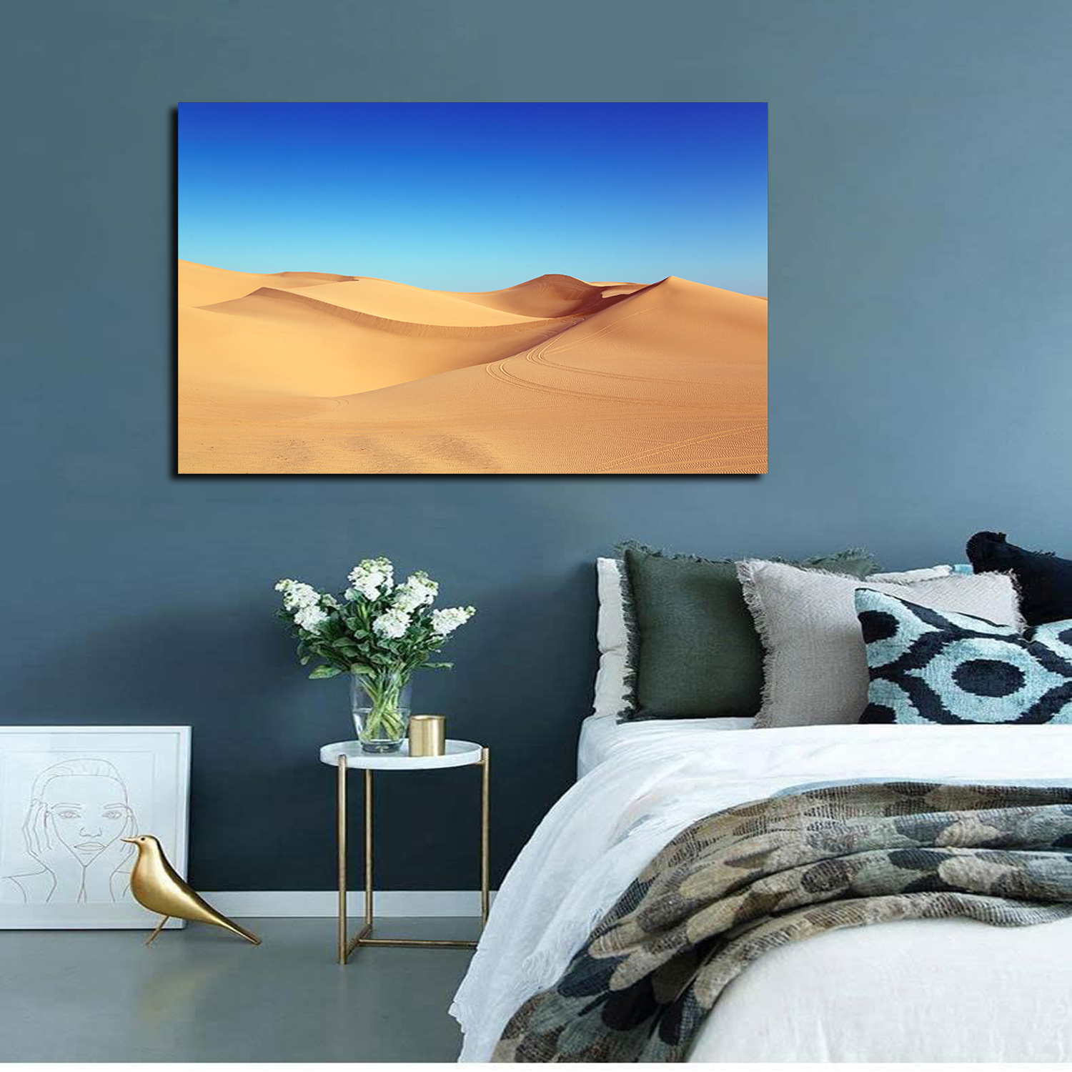 Desert Dunes Blue Sky Wall Art Desert Sunset Picture Canvas Art Sand Dunes Framed  Painting Wall Decor For Home Office Bedroom Livingroom Ready to Hang 